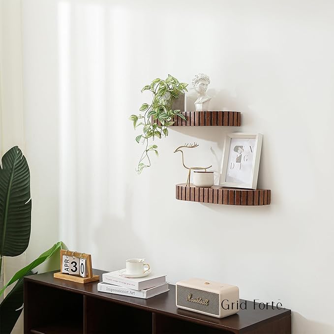 GRID FORTE Wood Rounded Fluted Floating Shelf Set of 2, 16Wx5.5D Inch– Modern Display Shelf with Decorative Edge, Rustic Hanging Storage for Plants, Books, Photos & Home Décor