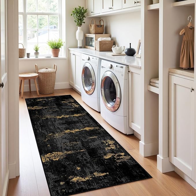 RELEANY Washable Area Rugs 2'x6' Non-Slip Modern Abstract Soft for Living Room Entryway Bedroom Nursery, Print Pattern, Dark Black Gold
