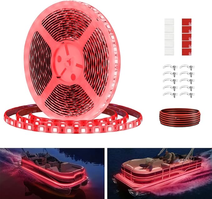 Pontoon LED Strip Lights, 12V 5M/16.4FT Waterproof Marine LED Light Boat Interior Lights, Boat Deck Light for Night Fishing, Ideal for Pontoon and Fishing Boat, Extension Cable Included (Red)