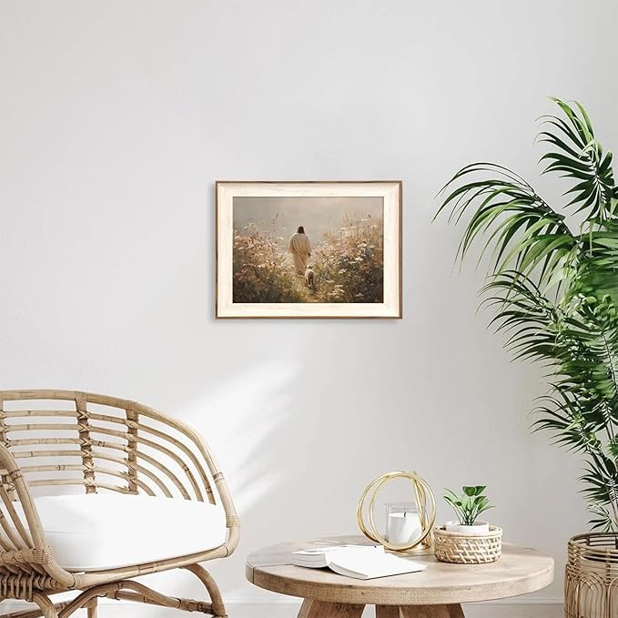 ASTRDECOR Jesus Leaves the 99 Sheep Canvas Wall Art Christian Bible Story Decor, Lost Sheep Painting with Wildflowers for Bedroom, Prayer Room, Church & Home Decoration, 12x16Inch