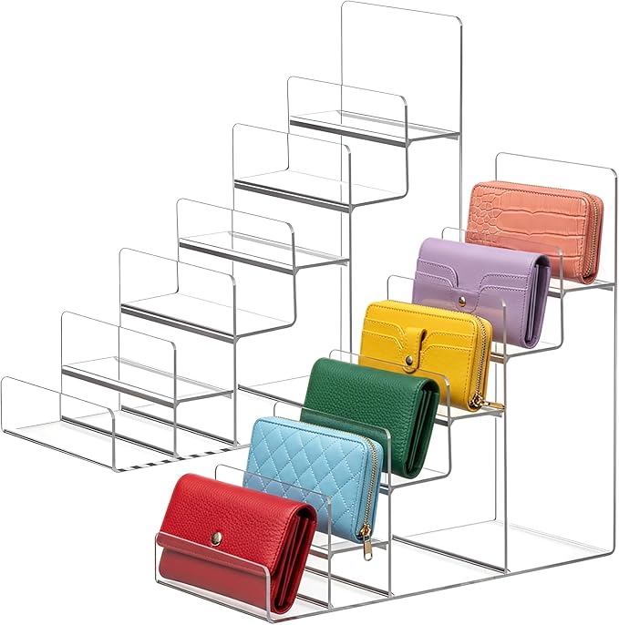 Kathfly 2 Pack 7-Tier Acrylic Wallet Display Stand Clear Purse & Handbag Organizer Riser Shelf for Perfume, Sunglasses, Cosmetics, Jewelry Vendor Display for Craft Fairs, Retail