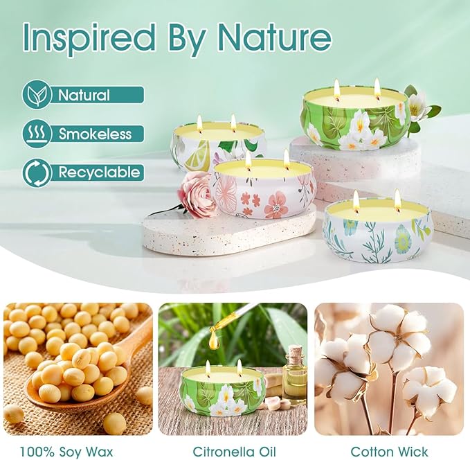 Citronella Candles Outdoor, 4 Pack Soy Wax Lemongrass Candles, Decorative Jar Scented Candle for Patio Garden Backyard Camping Summer, 240 Hours Burning Time