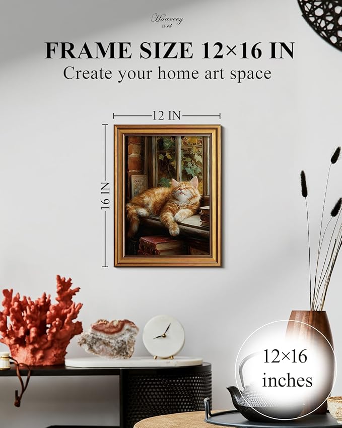 HUARCEY Gold Framed Canvas Wall Art, Book Cat Vintage Decor, Rustic Vintage Neutral Canvas Paintings Retro Table Desk Picturesfor Bathroom Bedroom Living Room, 12x16Inch