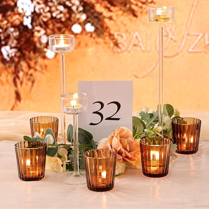 NITIME 24Pcs Vintage Ribbed Amber Votive Candle Holders, Fall Centerpieces for Tables, Tealight Candle Holder for Thanksgiving, Wedding Decor, Boho Home Decor and Christmas Decor