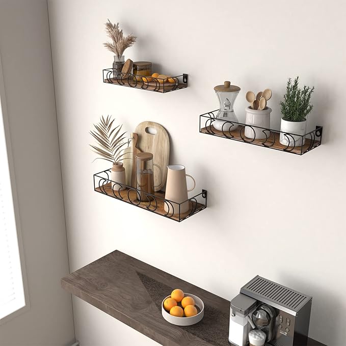 PHAREGE Moon Phase Floating Shelves Brown Black, Set of 3 Small Decorative Wall Shelves for Book Plant Storage, Crystal Figurine Collectibles Display Shelf for Bedroom Kid Room