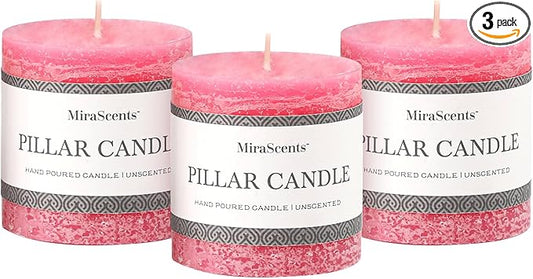 3x3 Inch Pink Pillar Candles Set of 3 - Hand-Poured Unscented Candles, Long Clean Burning, Smokeless Dripless Candle for Dinner Table, Home, Bathroom, Wedding, Valentines Day Decor