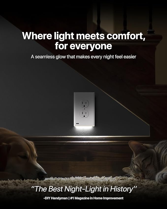 2 Pack - SnapPower GuideLight [For Duplex Outlets] - Replaces Plug-In Night Light - Electrical Receptacle Wall Plate With LED Night Lights - Auto On/Off Sensor - (Duplex, Light Almond)