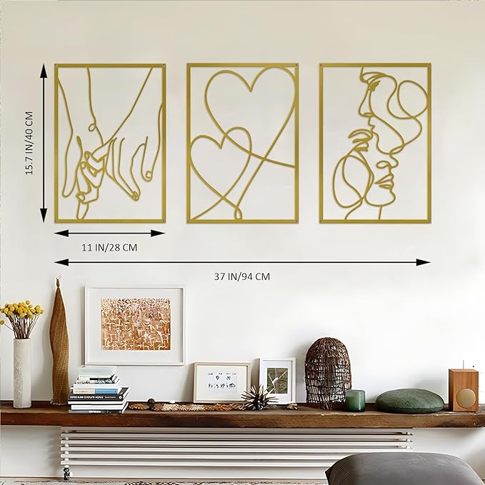 3 Pieces Metal Minimalist Line Wall Art, Valentine's Day Lover Kiss Hand Metal Wall Decor, Aesthetic Modern Home Hanging Wall Art Decor for Bedroom Bathroom Living Room (Gold)