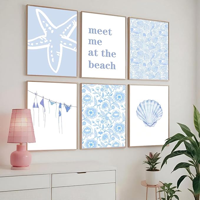 Zuowclli 6Pcs Coastal Granddaughter Wall Art Prints Blue Beachy Shell Bikini Wall Decor Pictures Summer Meet Me At The Beach Preppy Aesthetic Posters for Girly Bedroom Dorm Apartment Unframed 8x10in