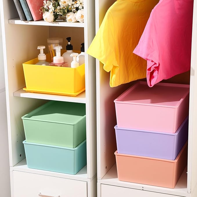 Menkxi 6 Pcs Large Plastic Storage Bins with Lids 14.4 x 10.4 x 5.1 Inch Stackable Storage Containers Decorative Cubby Organizer for Clothes Shelves Garage Closet Office (Mixed)