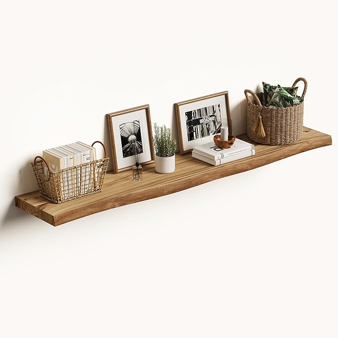 Vivelove Live Edge Floating Shelves Solid Wood, 48 Inch Set of 1, Elm Shelves for Wall with Invisible Bracket for Living Room Bedroom Bathroom Office Book, Rustic Farmhouse Wooden Shelf - Natural
