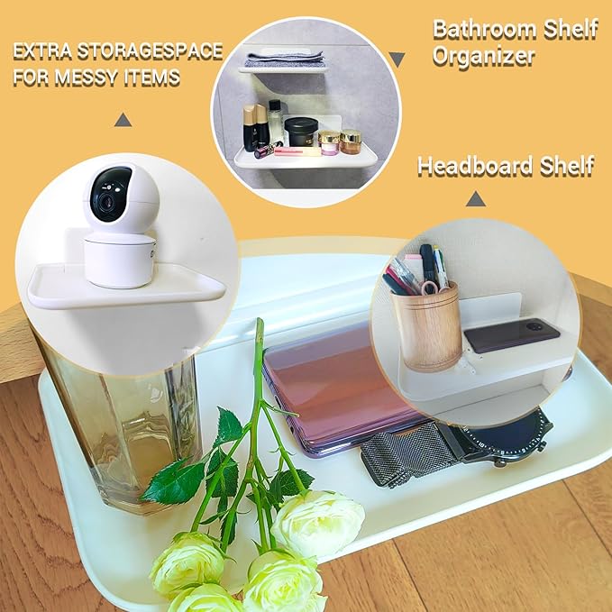 3 Pcs Small Foldable Floating Shelves for Living Room Bathroom,Bedside Shelf No Drill,Adhesive Shelves Organizer,Stick on Wall Rack Shelf Kitchen Entryway Bedroom,Bed Bedside Tray White