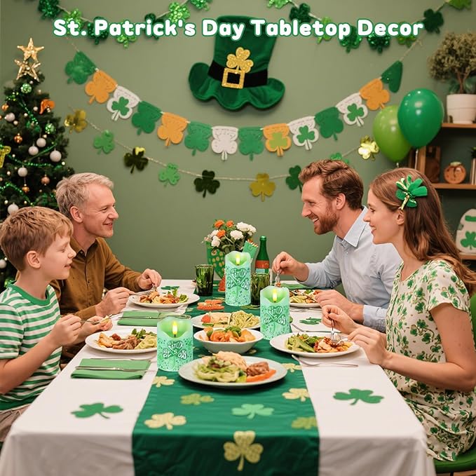 Flameless Candles Lights, Set of 3 Flickering St. Patrick's Day Pillar Candles with Remote & Timer, Dimmable Real Wax Shamrock LED Candles Battery Operated for Home St. Patrick's Day Decor (Clover)