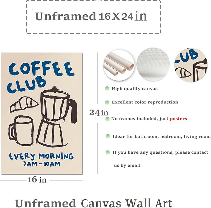 Kitchen Canvas Wall Art - Funky Kitchen Pictures, Vintage Coffee Artwork, Modern Coffee Bar Decor, Retro Skeleton Cafe Shop Pictures - 16x24in Unframed