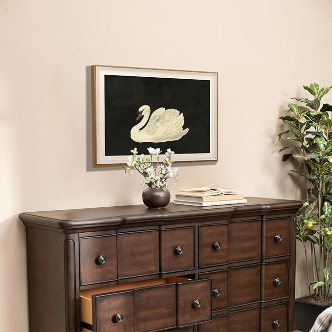 ASTRDECOR Vintage Framed Wall Art for Living Room, Vintage Swan Canvas Oil Painting for Bathroom Wall Decor, Classical Animal Framed Art for Home Decor Aesthetic, Zwaan Black and White Wall Art Prints for Bedroom Decor-12''x16''