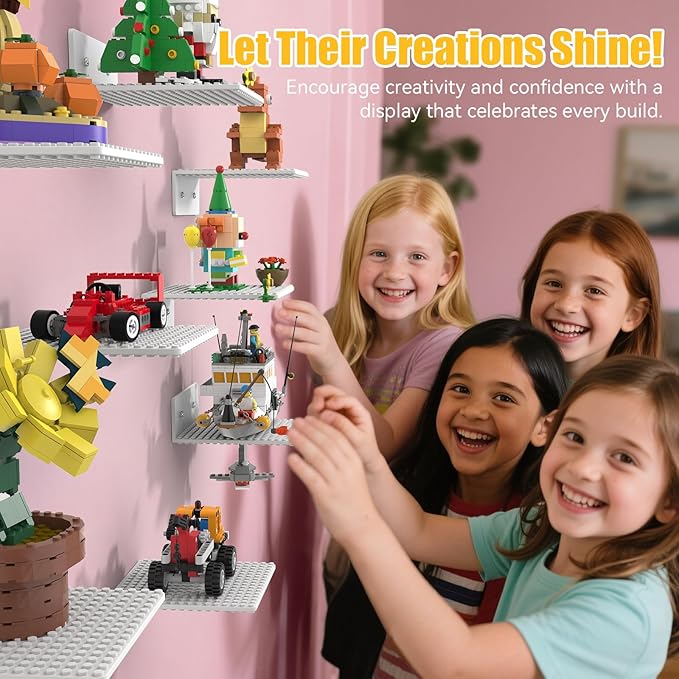 BlissBox 12-Pack Floating Shelves for Wall Compatible with Lego Building Bricks, 5x5.5inch Dual‑Sided 16x17 Studs for Toy Brick Storage and Display, ABS Display Shelves for Room Decor, White