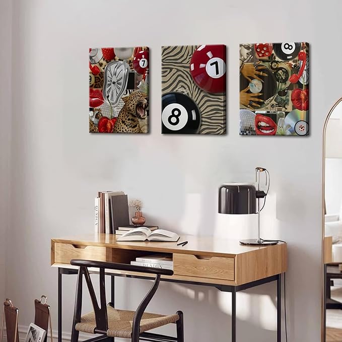 Trendy Leopard Cheetah Wall Art Set of 3, Black Woman Wall Decor Paintings Black Teen Girl Music 8 Ball Poster Canvas Prints Aesthetic for Bedroom Living Room Dorm 12x16 inch Framed