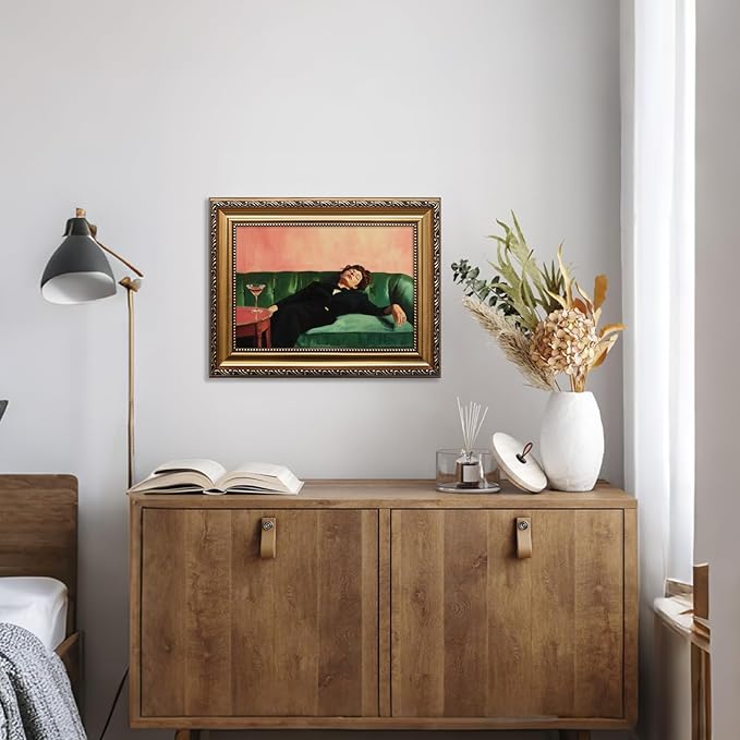 KBKBART Vintage Gold Framed Wall Art, Moody Wall Decor, Funky Victorian Woman on Couch with Martini Picture Canvas Paintings Artist for Bedroom Living Room Home Office Bathroom Decor 12x16Inch
