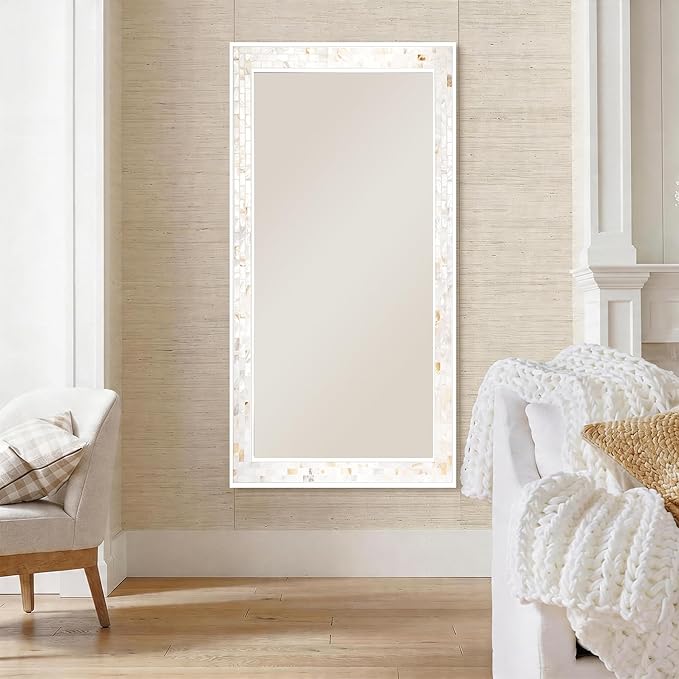 Tanmicoshomy 24 x 47 Inch White Rectangle Wall Mirror, Natual Shell Framed Rectangle Bathroom Mirrors with Tempered Glass for Bedroom Living Room or Entryway, Horizontal or Vertical Hanging