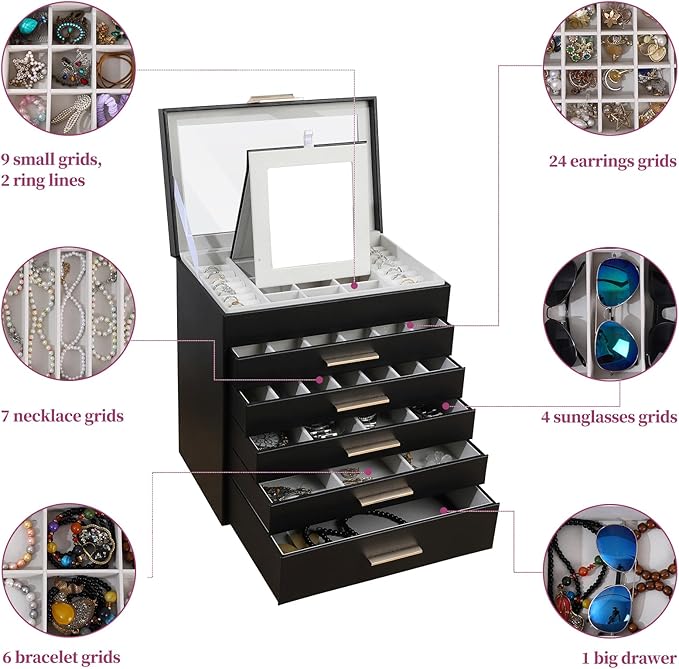 BOOVO Jewelry Boxes for Women, White and Black 6 Layer Large Jewelry Box for Necklace, Bracelet, Earrings, Rings Storage, Jewelry holder Organizer for Girls Gift (Clear Black, 6 layer)