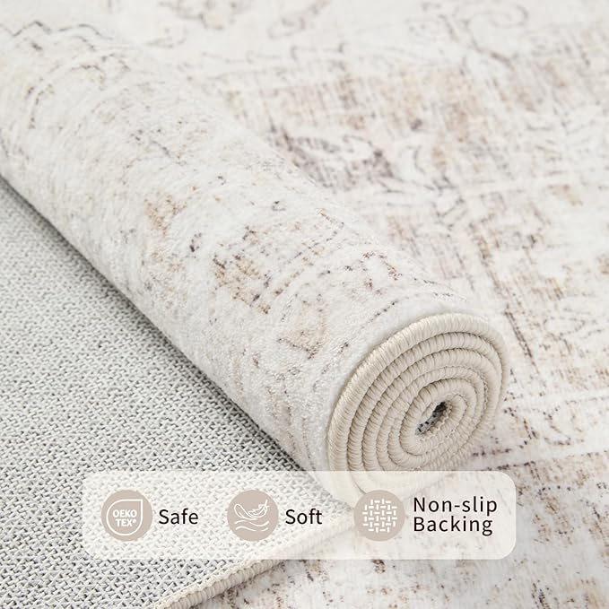 Rugxara Area Rugs 5x7, Washable Rugs for Living Room, Vintage Boho Beige Rug for Office, Dining Room, Kids Room and Farmhouse, Durable Low Pile Non-Slip Area Rug for High Traffic Areas