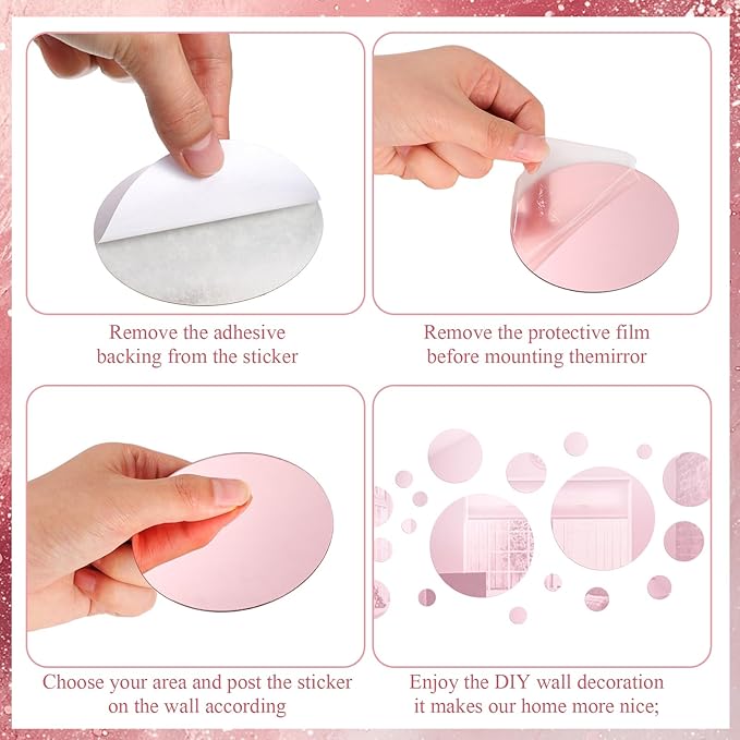 Shappy 32 Pcs Acrylic Mirror Wall Stickers Removable Round Wall Decal Circle Mirror Tiles for Home Bathroom Living Room Bedroom TV Background Decor (Pink,Small Size)