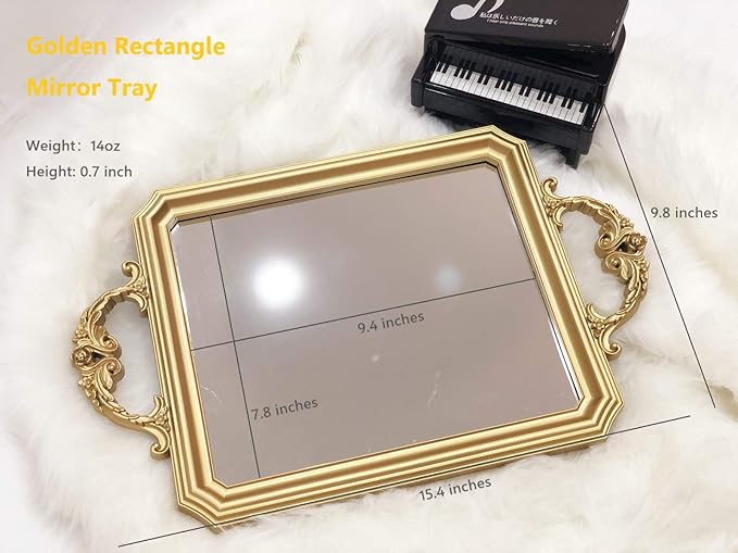 Rectangle Vintage Mirror Tray, Decorative Dresser Organizer for Perfume Makeup and Jewelry, Vanity Serving Tray for Party Gathering, 15.4 inch x 9.8 inch (Golden)