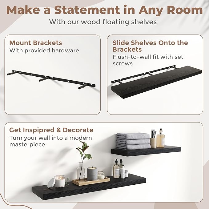 72 Inch Floating Shelves for Wall with Invisible Brackets Set of 2, 12"D Engineered Wood Wall Shelves with Wood Grain for Living Room, Bedroom, Bathroom, Kitchen Decor and Storage, Black Finish