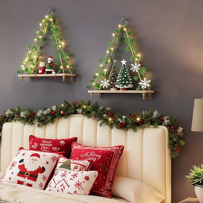 Fixwal Artificial Ivy LED-Strip Floating Shelves Set of 2, Macrame Hanging Shelves Plant Wall Decor, Rustic Boho Wood Wall Storage Shelves for Bedroom, Living Room, Bathroom Decor (Rustic Brown)