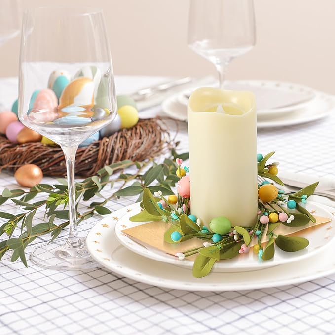 Daifunli 2 Pcs Spring Candle Rings Primitive Farmhouse Vintage Pastel Pip Berry Wreaths for Pillar 3.9 Inch Candles Holder for Spring Rustic Table Centerpiece Decor
