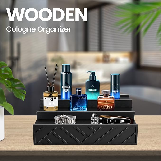 Wooden Cologne Organizer for Men，3 Tier Cologne Stand and Perfume Organizer for Women, Perfume Display Holder Cologne Display Shelf with Hidden Compartment for Watch, Jewelry,Great Gift for Father