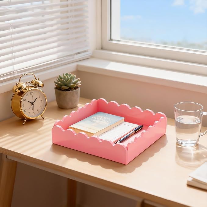 Acrylic Tray, Scalloped Glossy Pink Acrylic Decorative Tray for Home Decor, 8x8 Inch Acrylic Organizer Tray for Vanity Countertop Makeup Skincare Square Acrylic Storage Tray (Square Pink)