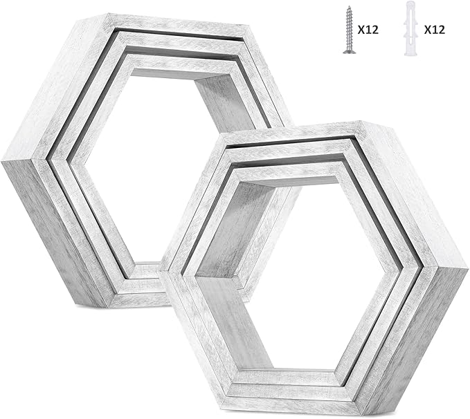 YBING Hexagon Floating Shelves Wall Mounted Set of 6 Honeycomb Shelves Wood Hexagonal Storage Hanging Shelves Farmhouse Wall Decor Floating Shelves for Bedroom Living Room Grey-White