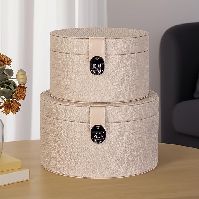 Large Leather Decorative Boxes Set of 2 Round Hat Box Bin Basket with Lid for Shelf Coffee Table Storage Remotes Modern Home Decor (light brown)