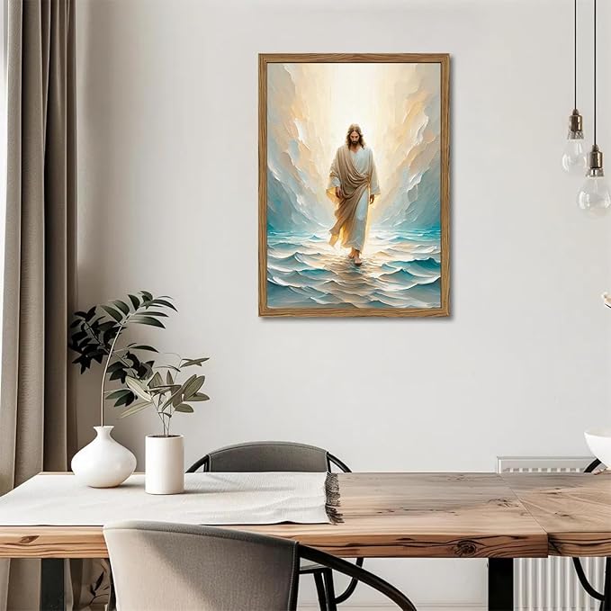 Jesus Walking On Water Wall Art, Framed 3D Textured Hand Drawn Sandstone Christian Wall Decor Painting Religious Savior Pictures for Living Prayer Room Bedroom 24x36 in Wood Framed