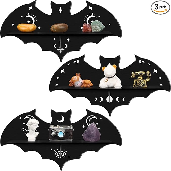 Geetery 3 Pcs Bat Shelf Gothic Decor Witchy Crystal Shelf Spooky Coffin Wall Hanging with Hooks Floating Black Wooden Room Decor for Crystal Keys