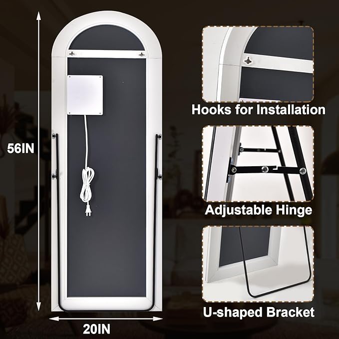 GLSLAND 20"x56" Arched LED Full Length Mirror with Lights – Wall Mounted or Standing Full Body Mirror for Bedroom/Cloakroom – Dimmable with 3 Color Lighting Modes