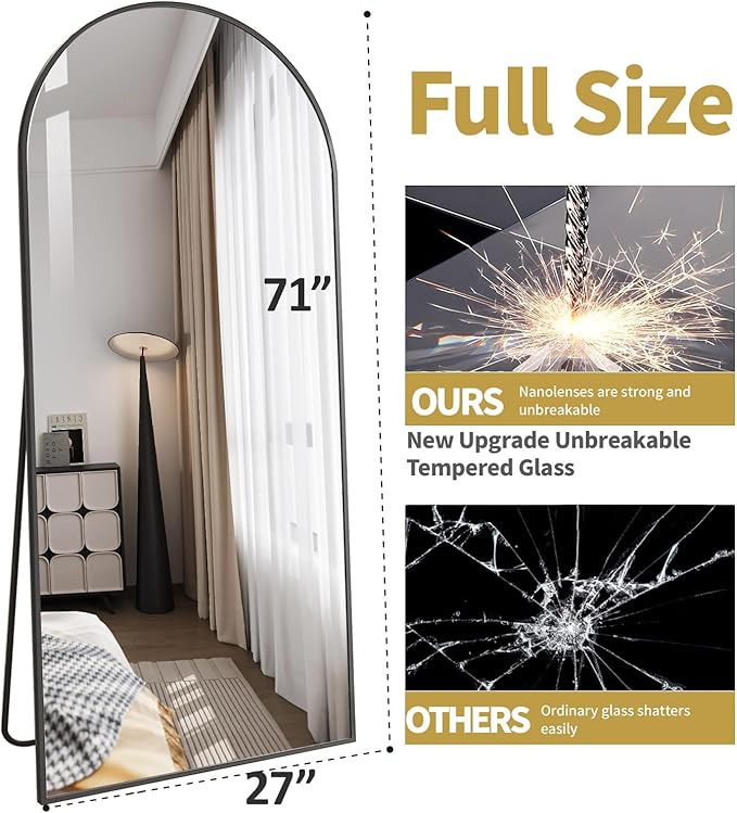 DMWOODFL 71"x26" Arched Full-Length Mirror with Explosion-Proof HD Glass - Oversized Floor or Wall-Mounted Full Body Mirror for Bedroom, Living Room, and Cloakroom (Black)