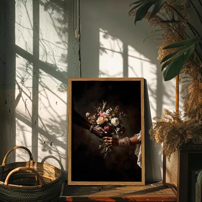 Framed Black Love Floral Wall Art, African American Couple Canvas Wall Decor Prints, Dark Romantic Holding Flowers Paintings Pictures Moody Home Decor Aesthetic for Living Room Bedroom 12x16 inch