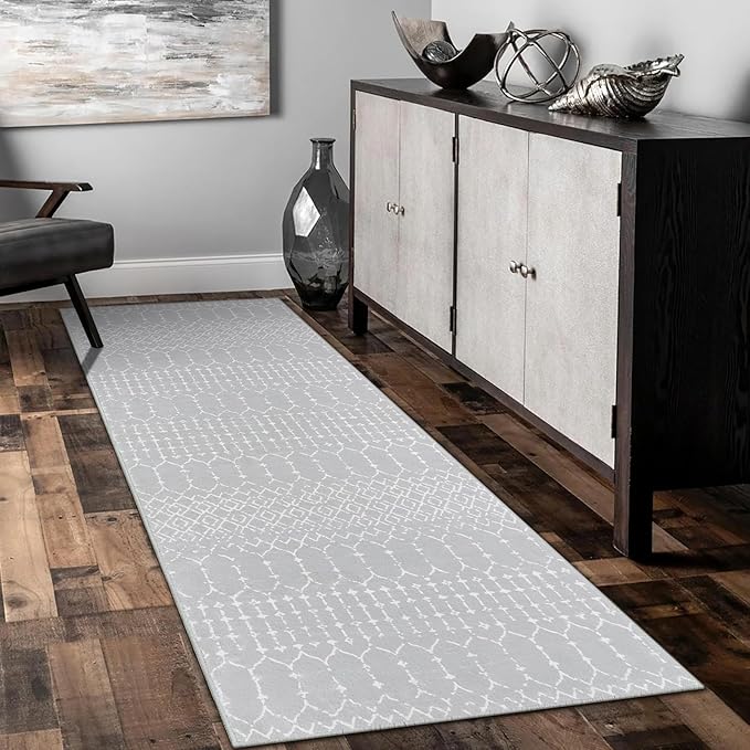Lahome Moroccan Runner Rugs for Hallway 2x8 Throw Ultra-Thin Kitchen Rugs Runner Non Skid Washable Non-Slip Entryway Carpet Grey Distressed Print Mat for Bathroom Bedroom Laundry Room Hana