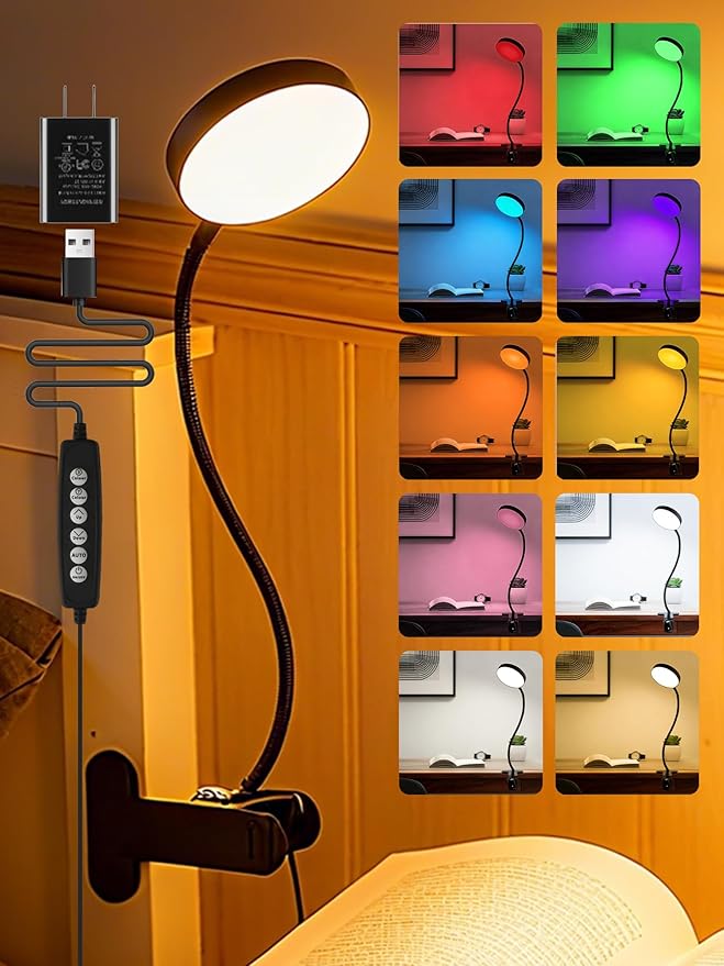 Clip on Light,10 Color RGB&Warm White Clip on Lamp + 10 Brightness Dimmable Desk Lamp, 500LM Bright Reading Light, Night Lamp, USB Adapter Desk Light for Bed/Headboard/Bedside