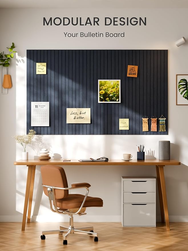Bumusty Large Cork Board Alternative-48 x 36" Felt Bulletin Board Tiles, with 30 Pushpins, 70 Adhesive Tabs, Fine-Stripe 12-Pack, Cork Boards for Office Push Pin Board-Deep Charcoal Blue