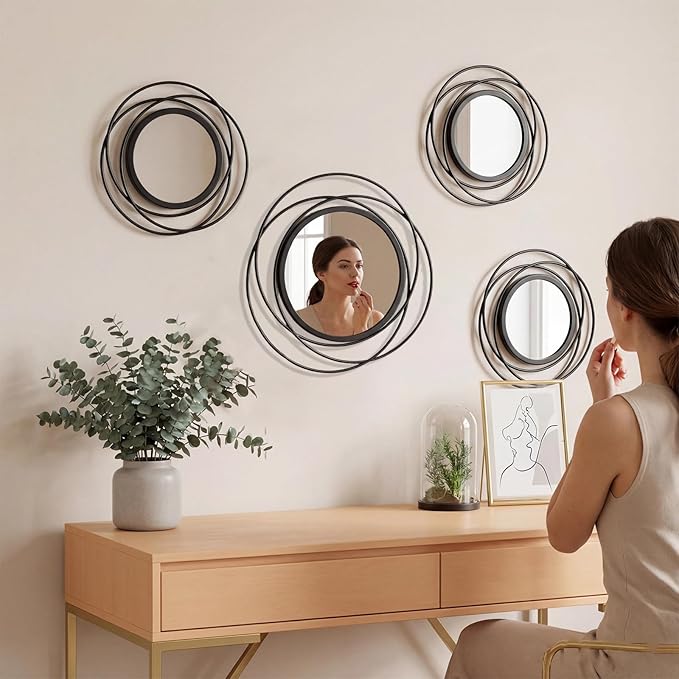 4 Piece Gold Round Wall Mirror Set Modern Metal Circle Home Decor for Living Room Bedroom Entryway 11/9 Inch Decorative Mirrors Minimalist Wall Art for Home