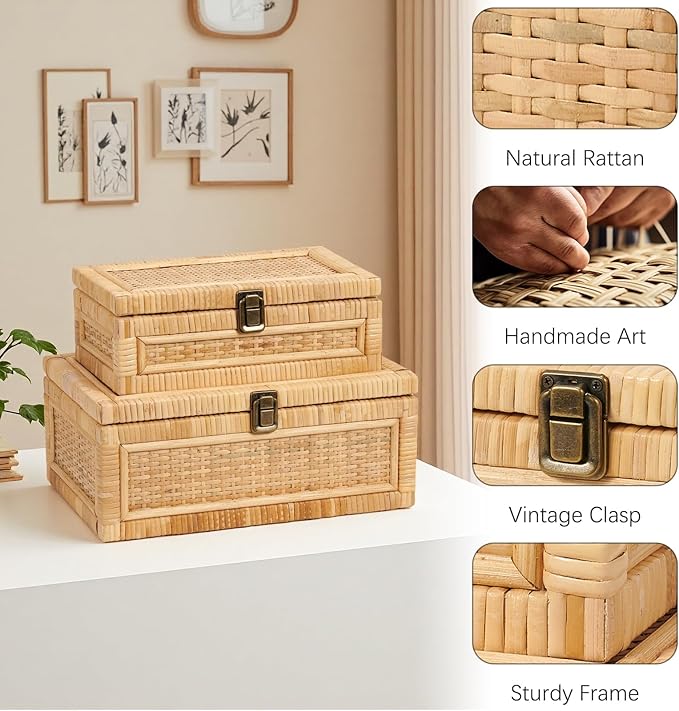 Rattan Box with Lid Decorative Natural Handmade Boho Rattan Baskets Woven Wicker Cane Bins Keepsake Memory Jewelry Boxes Rectangular Desk Shelf Closet Organizer Container (Large Size)