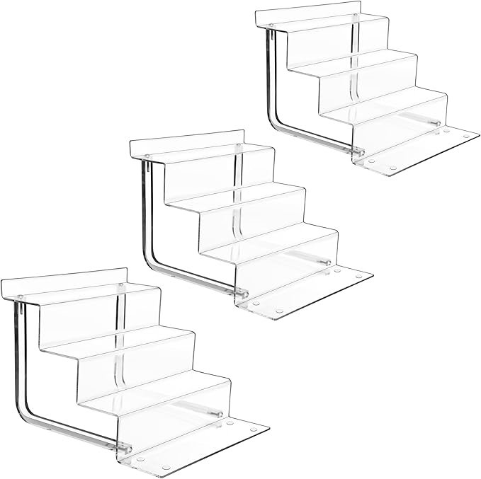 AMT Acrylic Riser Display Stand, 100% Acrylic Clear 4-Tier Organizer for Figures, Cupcake, Perfume, Sunglasses (9 inch x 2.75 inch) 3-pack