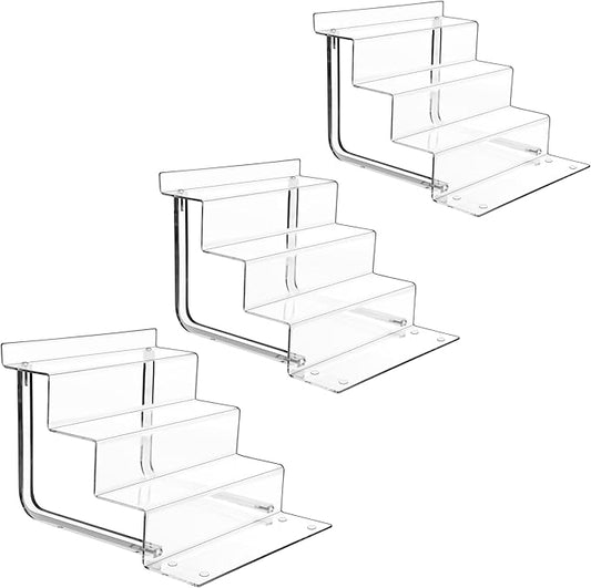 AMT Acrylic Riser Display Stand, 100% Acrylic Clear 4-Tier Organizer for Figures, Cupcake, Perfume, Sunglasses (9 inch x 2.75 inch) 3-pack