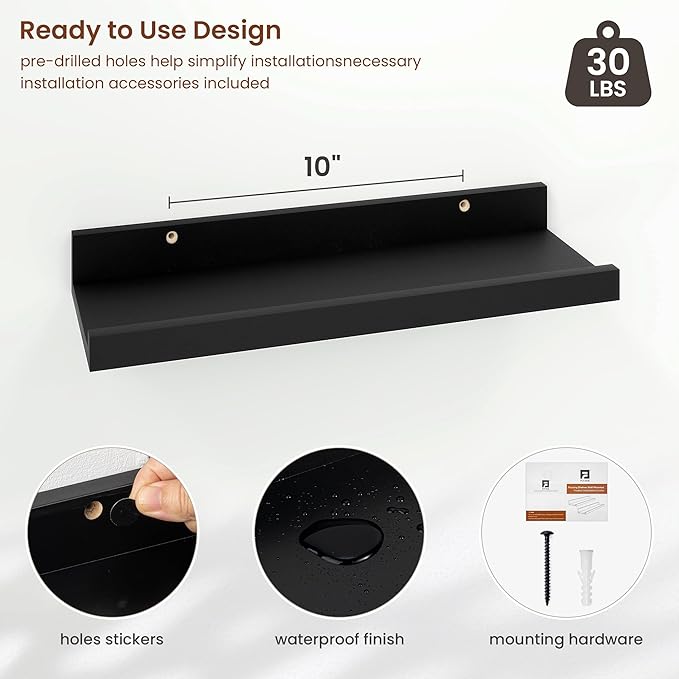 Axeman Picture Ledge Shelf | 16 Inch Black Floating Shelves Set of 4 | Rustic Wood Wall Shelves with Lip | 16" Picture Shelves for Wall with Ledge | Black Photo Shelves