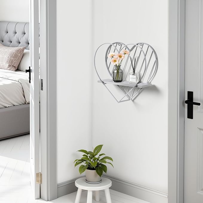Afuly Wall Shelf Metal Grey Floating Shelves Heart Design Small Shelf Storage Rack Modern Romantic Farmhouse Style Cute Fancy Unique Nursery Room Bathroom Bedroom Wall Decor