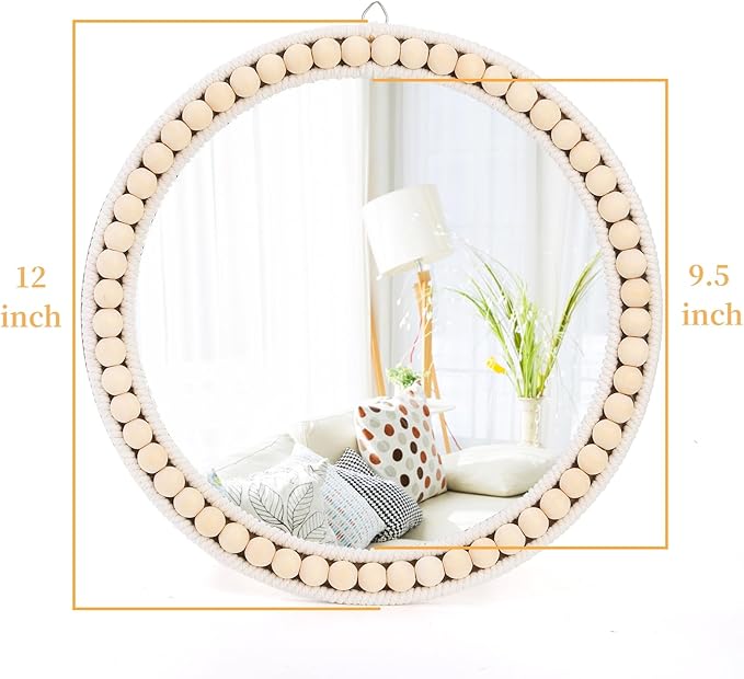 Eorbow Boho Wall Mounted Mirror, 12 Inch Round Wooden Bead Hanging Mirrors, Rustic Decorative Vanity Mirror, Farmhouse Circle Decor Mirrors for Living Room, Bedroom, Bathroom, Nursery