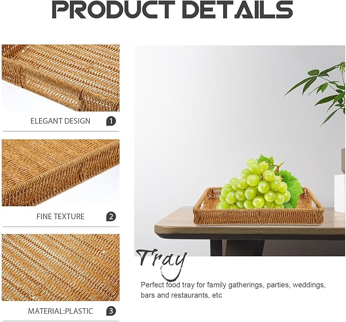 ULTECHNOVO Rectangular Decorative Serving Tray, Simulated Rattan Makeup Organizer Basket, Sturdy Iron Frame, Kitchen and Coffee Table Storage Tray for Home Décor and Desktop Organization